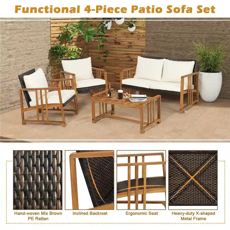 Costway 4PCS Patio Mix Brown Wicker Sofa Set Acacia Wood Frame with - See Details