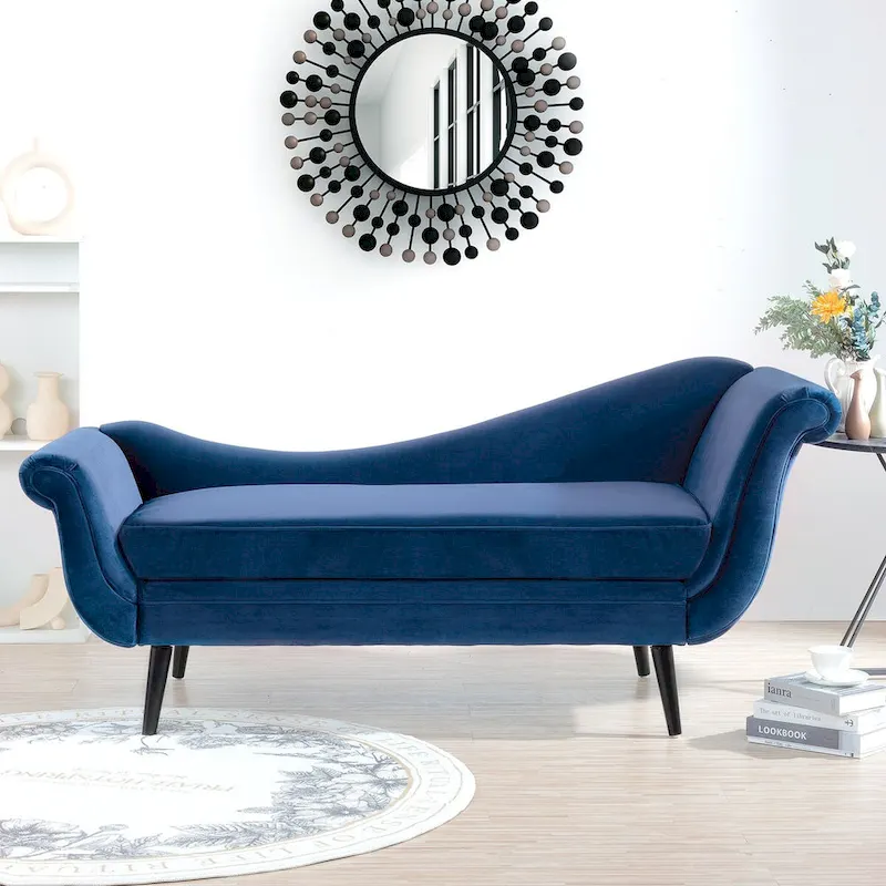 Upholstered Chaise Lounge with Scroll Arms, Accent Pillow & Solid Wood Legs