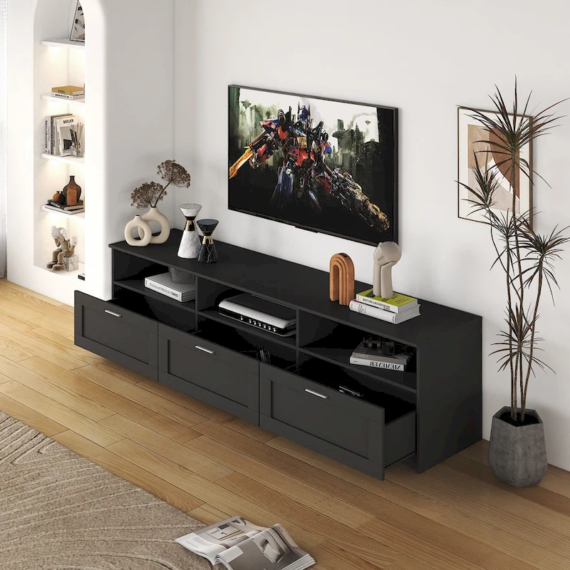 Black 70 TV Stand with Open Storage & Drawers for Living Room