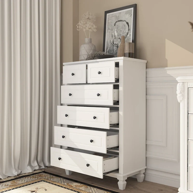 6-Drawer Modern Dresser with Metal Handles and Smooth Metal Drawer Slides – White, for 1 Person / Household