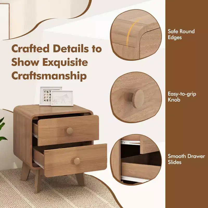Costway 1/2 PCS Modern Style 2-Drawer Nightstand Bedside Table with Solid Rubber Wood Legs Brown