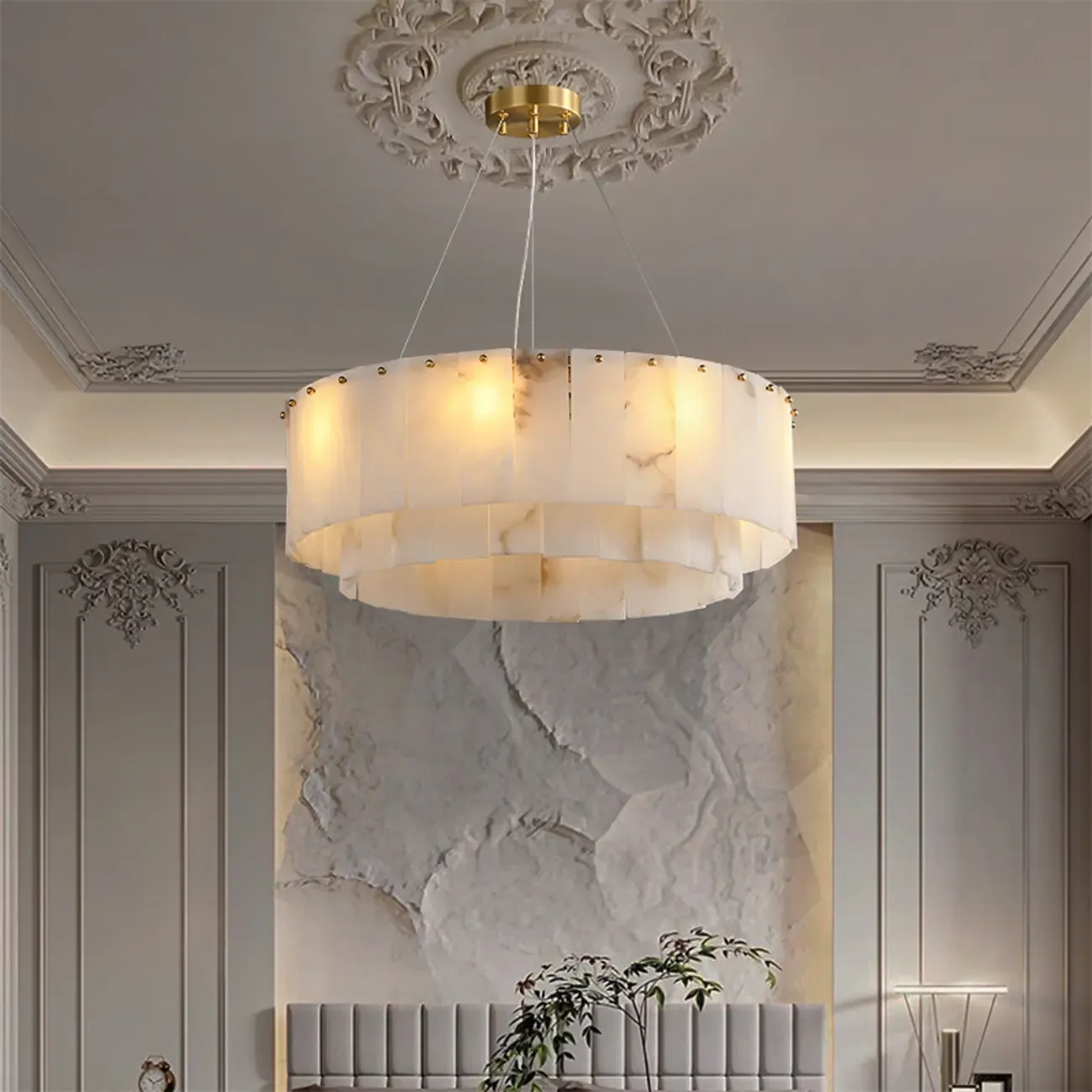 White Circular Alabaster Modern Ring Chandelier Light
