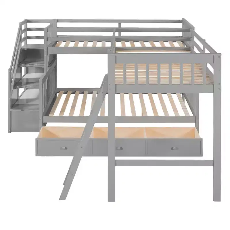 Stylish Design Twin over Full L-Shaped Bunk Bed With 3 Drawers, Ladder and Staircase