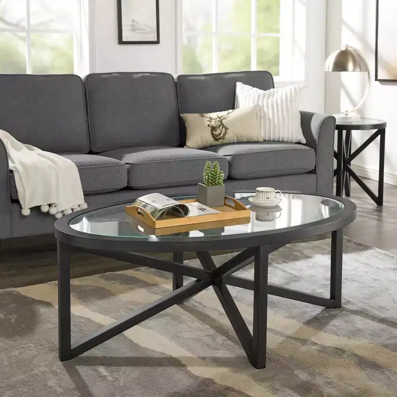 Round/Oval Coffee Table Glass End Table Cocktail Table Sofa Table Side Table Center Table, Black/Cherry-ModernLuxe