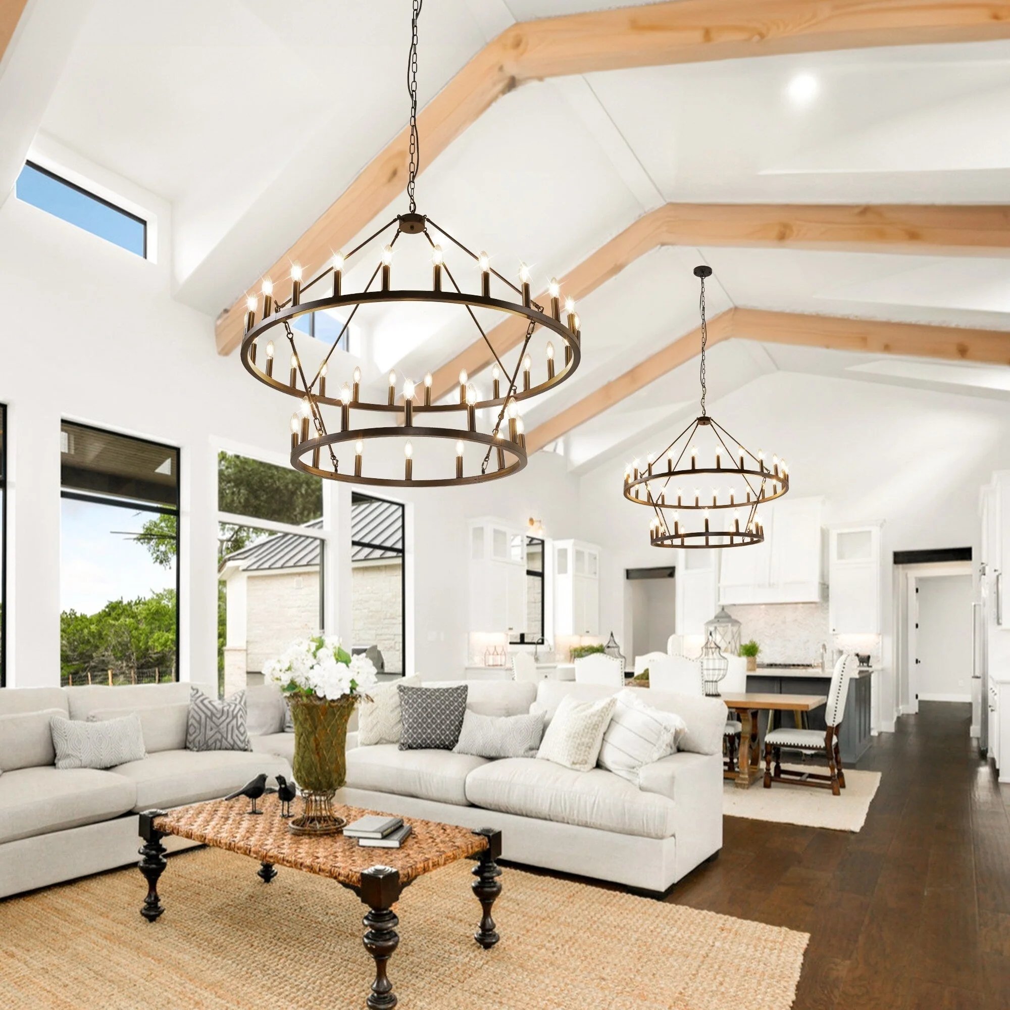 Modern Farmhouse Chandelier 2 Tier Round Wagon Wheel Chandelier Large High Ceiling Light.