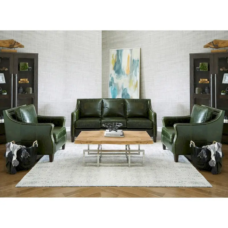Essex Distressed Green Top Grain Leather Sofa and Two Chairs Set