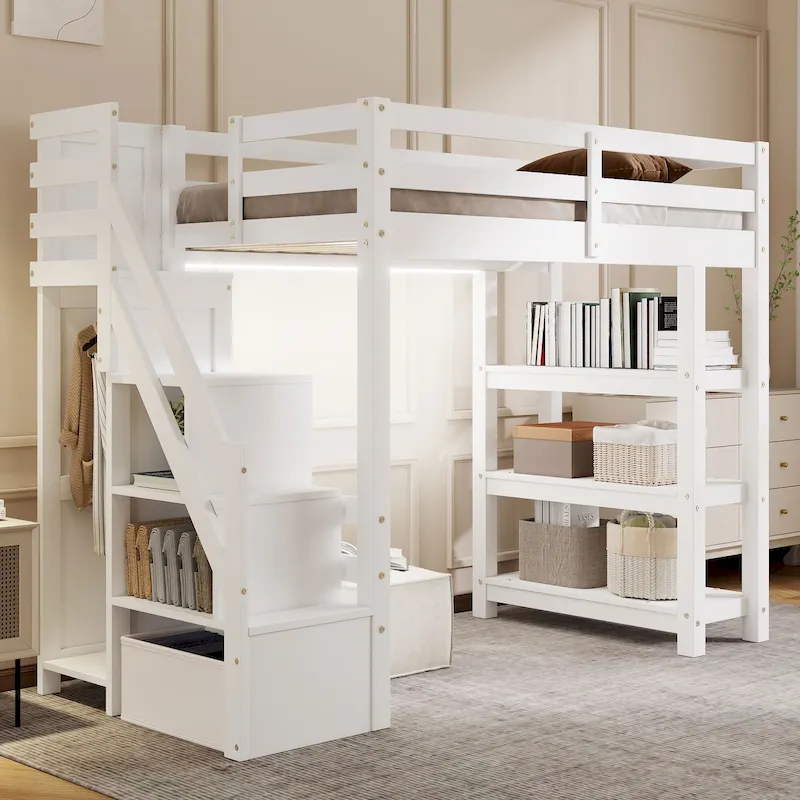 White High Wood Loft Bed with Storage Staircase, 4-Layer Open Shelves and Small Wardrobe, LED Loft Bed Frame for Girls or Boys