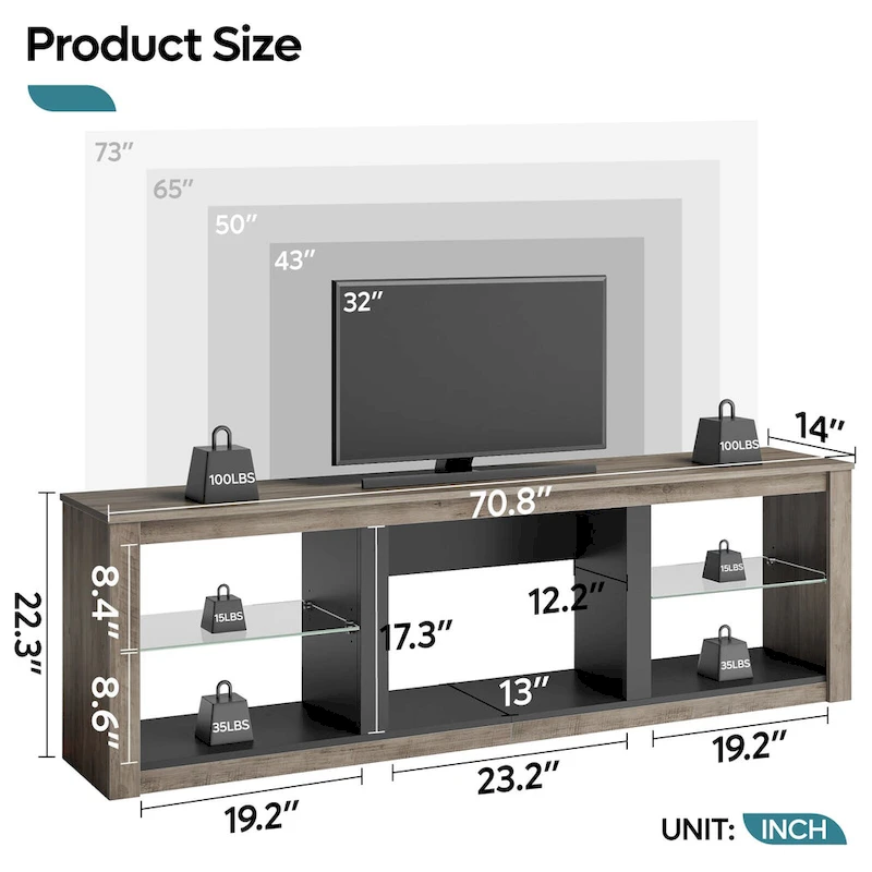 70-Inch LED TV Stand with Tempered Glass Shelves and Open Cabinet - 71 in