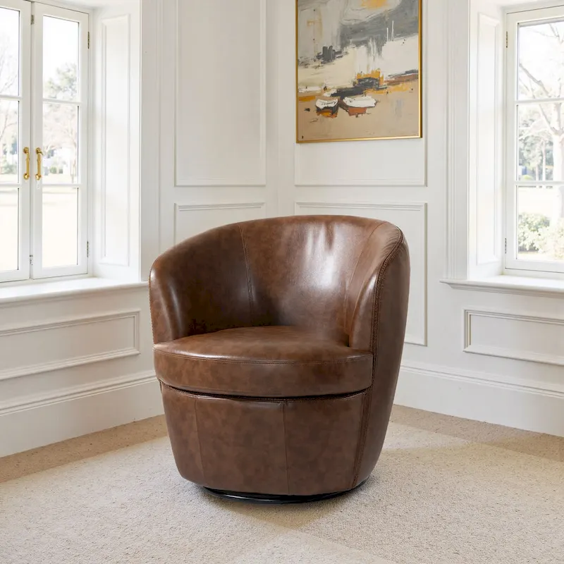 Modern Swivel Leather Accent Chair Upholstered Barrel Chair