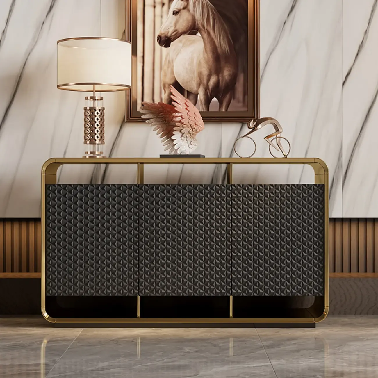 Glam Metal and Wood Sideboard with Shelves