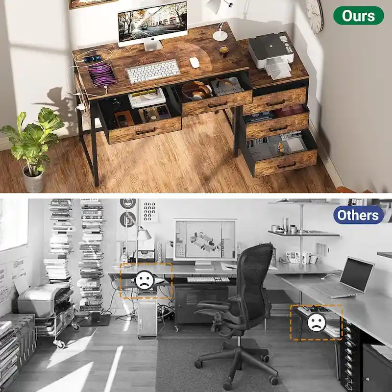 55 Computer Desk with 5 Fabric Drawers,Home Office Desk with Power Outlets  Printer Stand