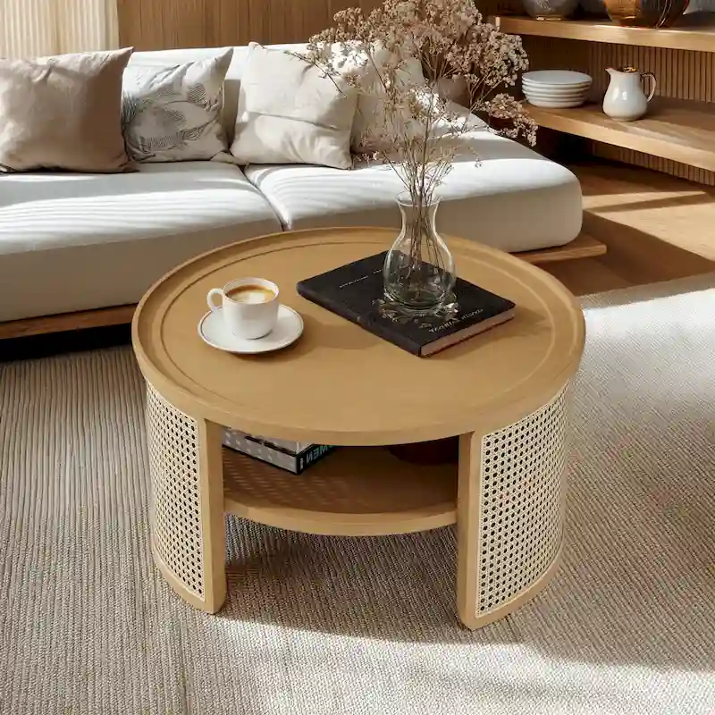 2-Tiered Round Walnut Wood Coffee Table