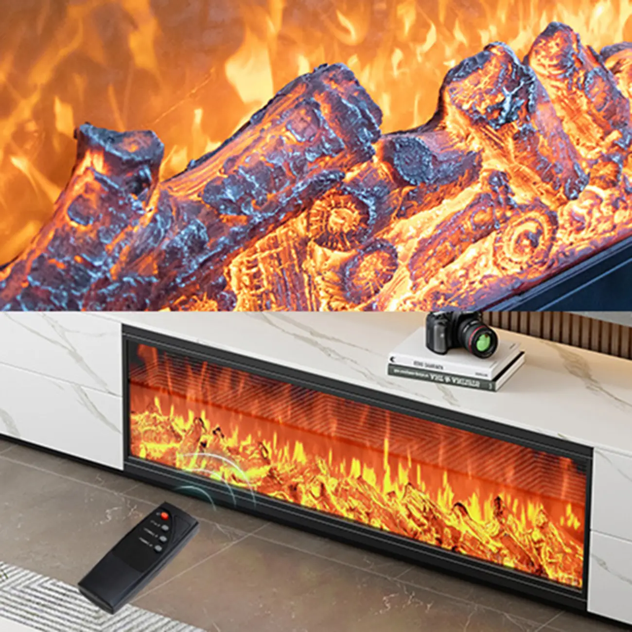 94.5 White Rectangle Stone TV Stand with Fireplace & Light