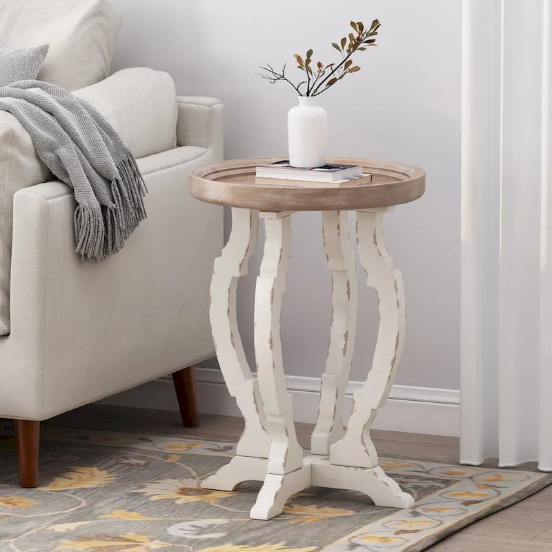 French Country Round-Top Accent Table, Rustic Wood Side Table for Living Room