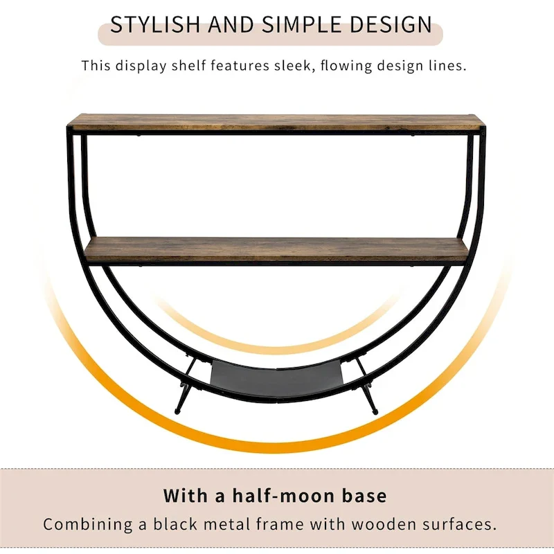 Rustic Demilune Shape Textured Metal Distressed Wood Console Table