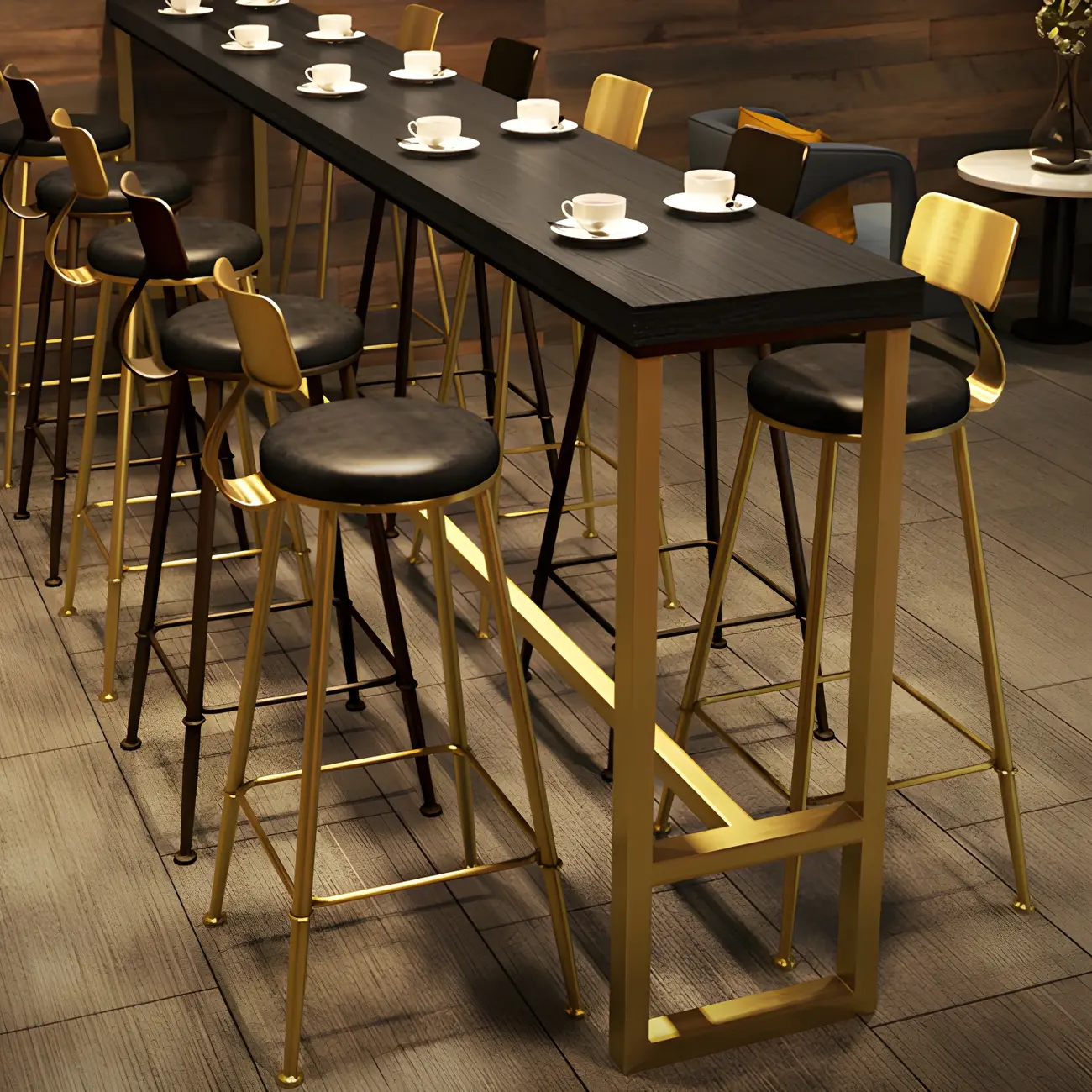 Black Gold Glam Metal Pine Wood Bar Tables with Footrest
