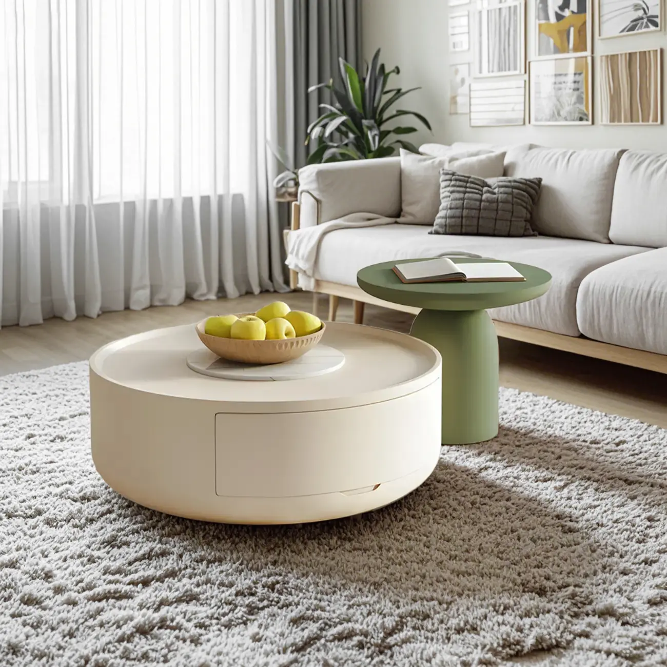 White Round Modern Drum Wood Coffee Table