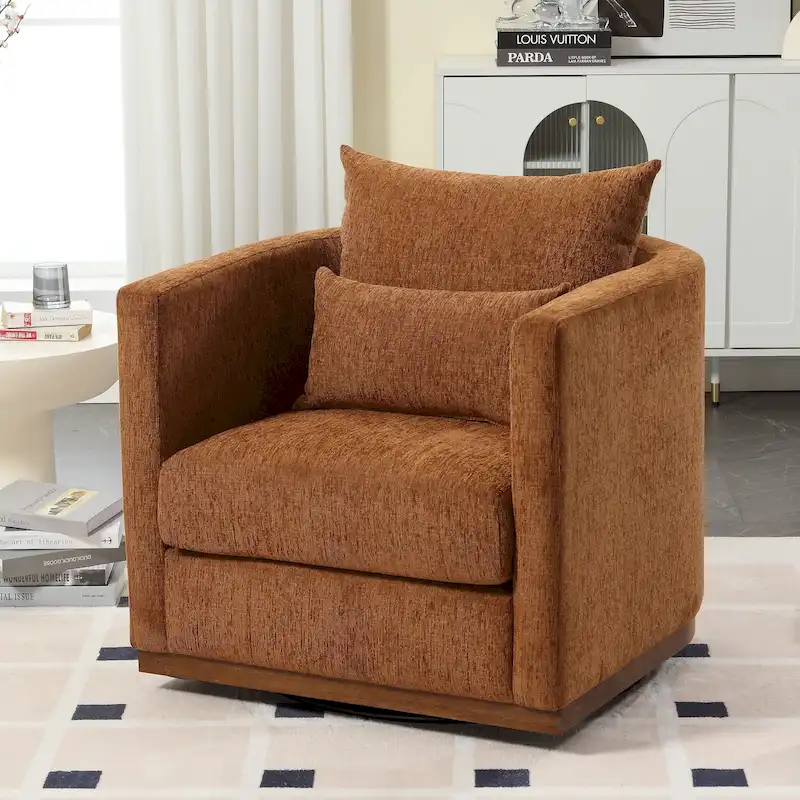 Chenille Upholstered 360 Degree Swivel Round Barrel Chair for Living Room