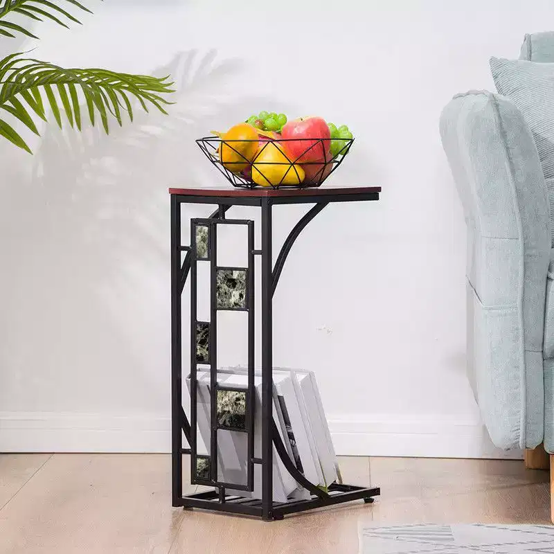 Disassembled and Assembled Single-layer C-shaped Table with Brown Density Board Tabletop, Black Powder-coated Iron Frame, Gravel Pattern Side Table