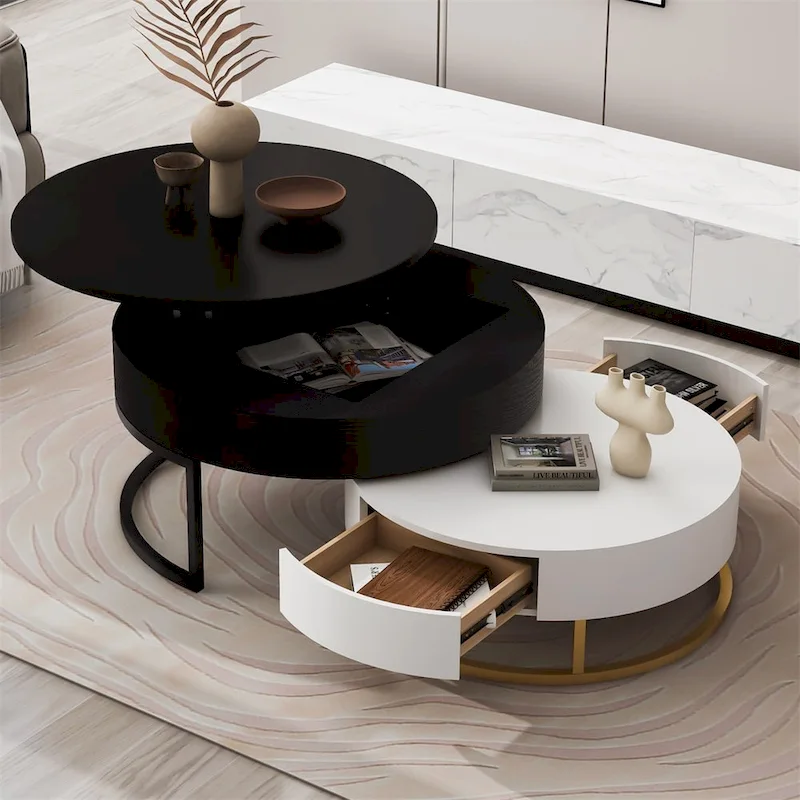 Merax Modern Round Lift-top Nesting Coffee Tables with 2 Drawers