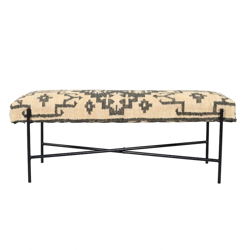 HomeRoots 48 Cream and Black Cotton Blend Upholstered Southwest Bench - 48' X '18' X '16