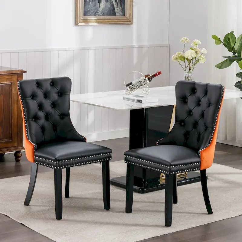 High Back Dining Chairs Set of 2, Upholstered PU Leather Kitchen Chairs Side Chair with Rear Handle Wood Legs