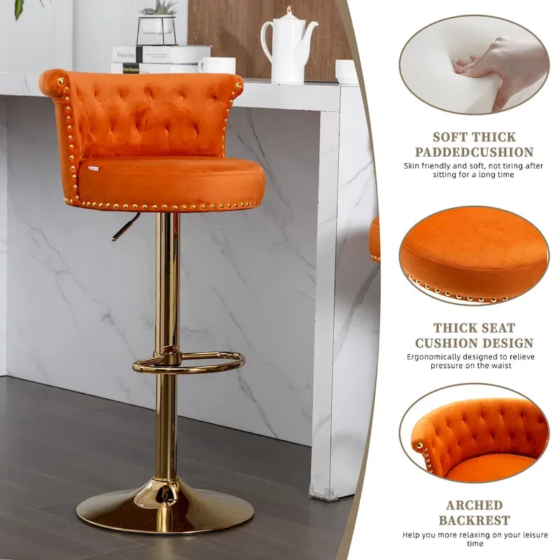 Velvet Upholstered Tufted Nailheads Swivel Adjustable Height Bar Stools With Golden Footrest(set of 2)