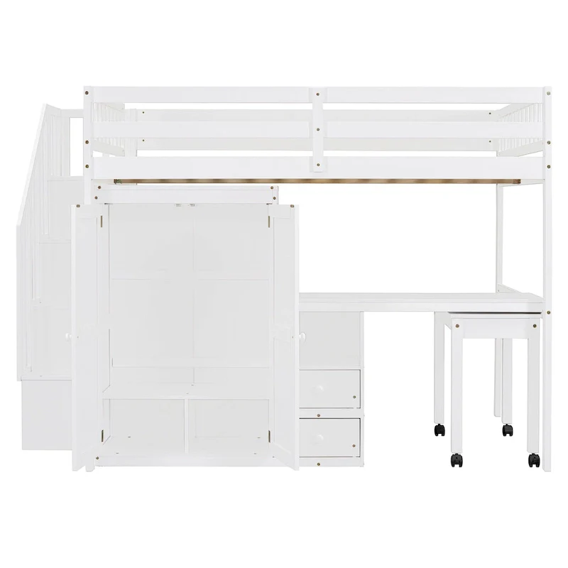 Full Size Loft Bed with Stairs, Bookshelf, Desk & Wardrobe - Space-Saving Multifunctional Furniture for Kids & Teens-White