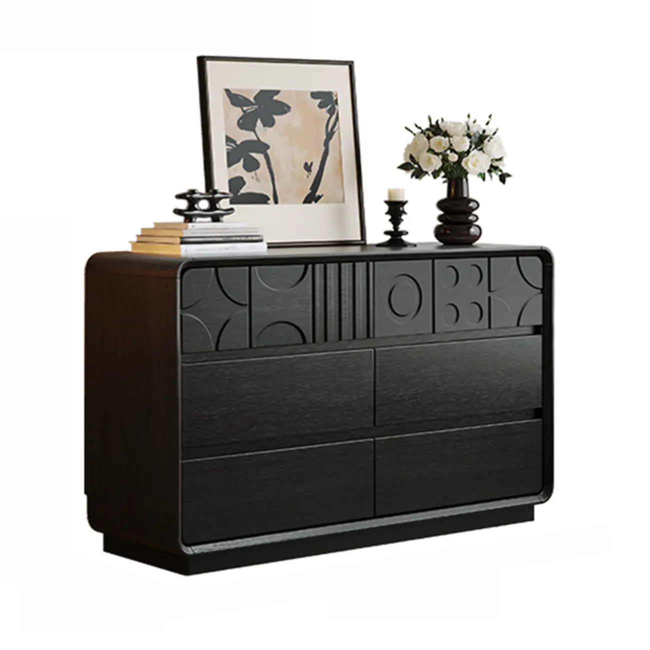 Art Deco Inspired Wood Dresser with Geometric Carvings