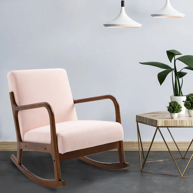 HOMCOM Rocking Chair with Curved Wood Base, Fabric Rocker with Padded Seat Home Furniture Bedroom Living Room Relax