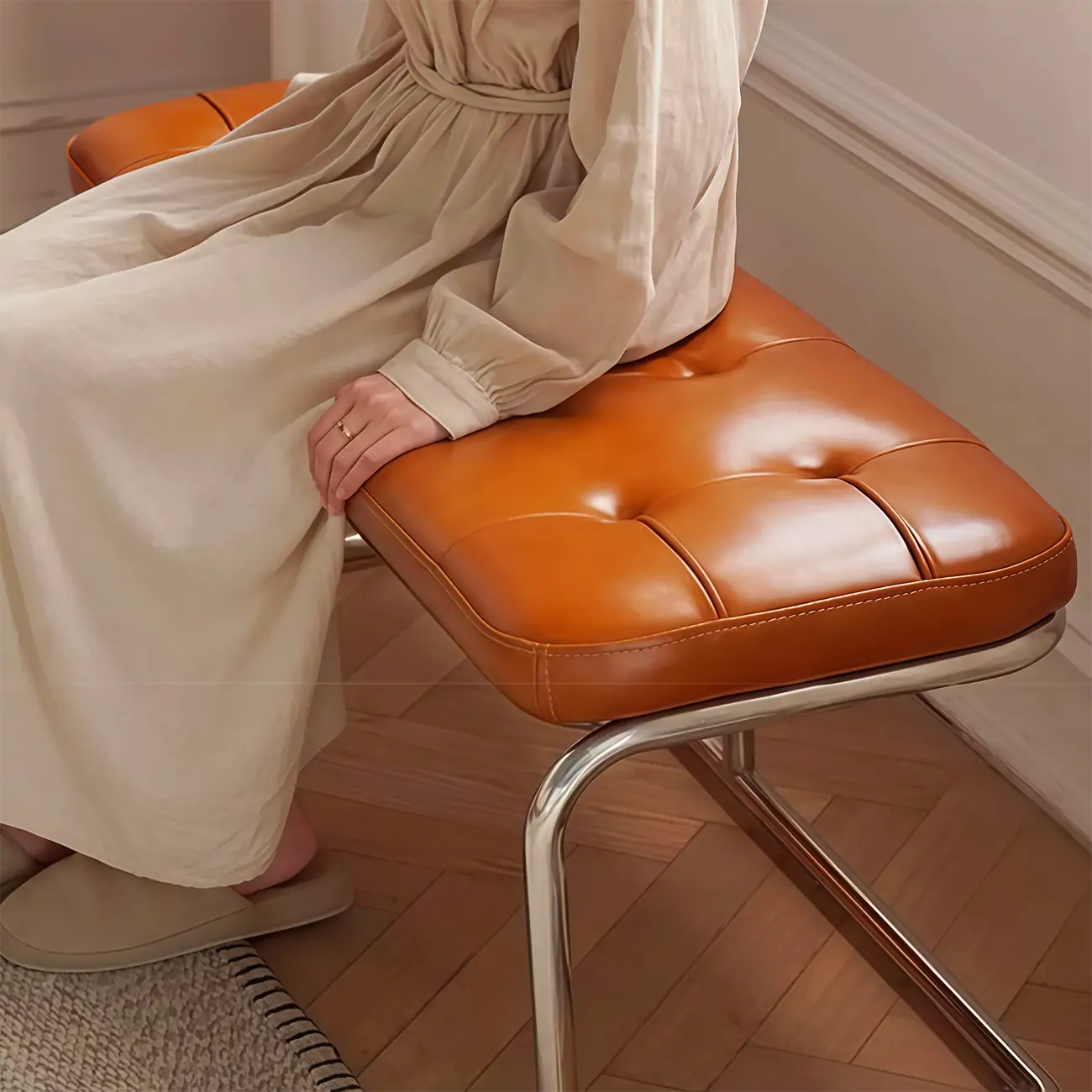 Modern Rectangular Cushioned Leather Bedroom Bench