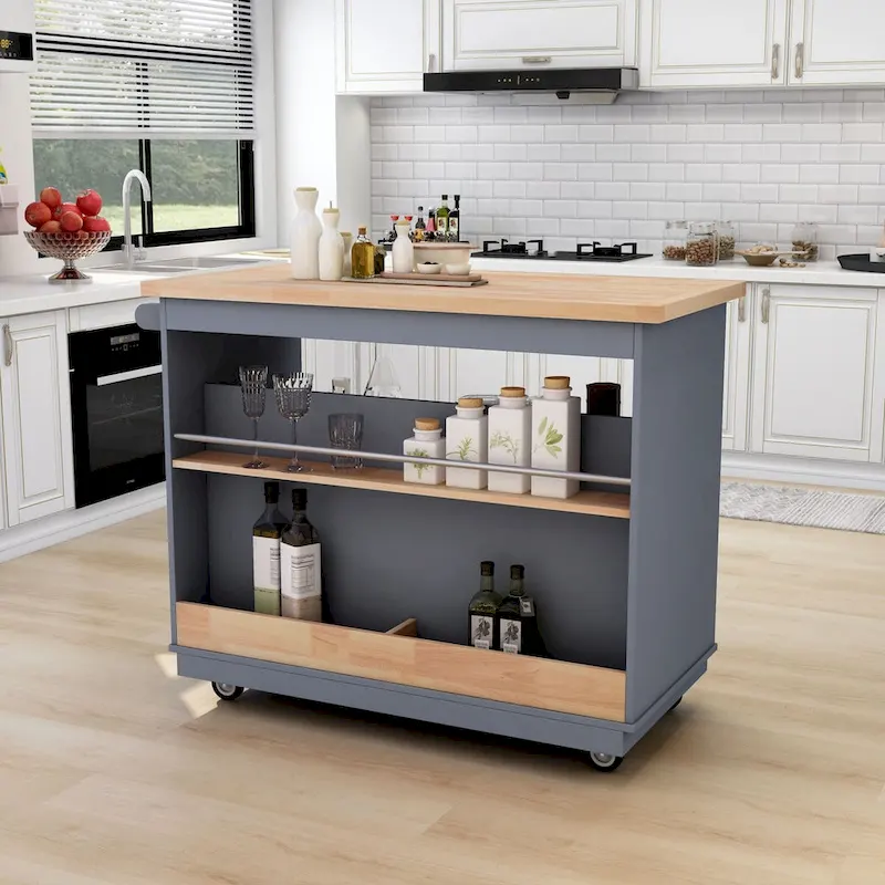 Rolling Kitchen Island with Storage, Two-sided Kitchen island Cart on Wheels with Wood Top, Wine and Spice Rack