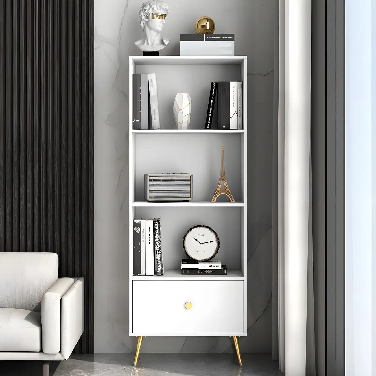 White Metal 2/3/4-Tier Open Bookcase with Drawer