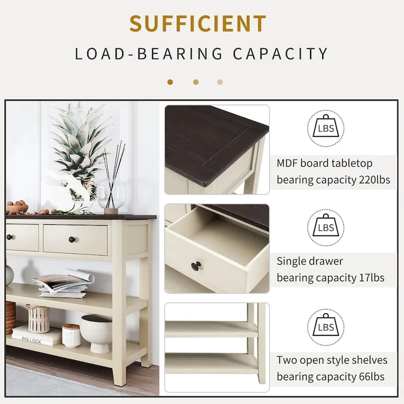 Pine Solid Wood Console Table with Two Open Shelves