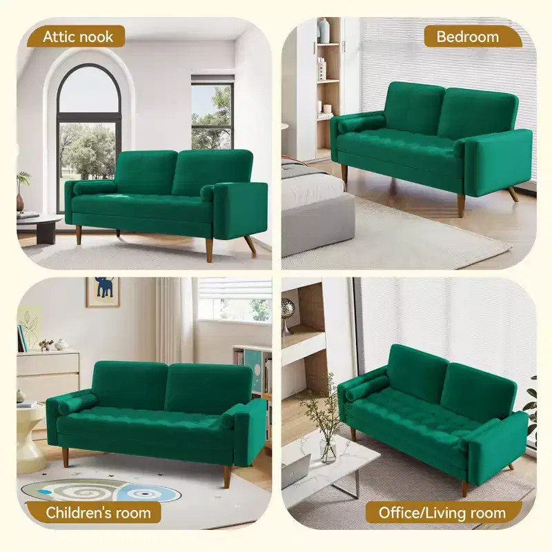 Dyonery 67 Sofa Velvet Loveseat Couch Mid Century Modern Sofa Couch with Solid Wood Legs Beige