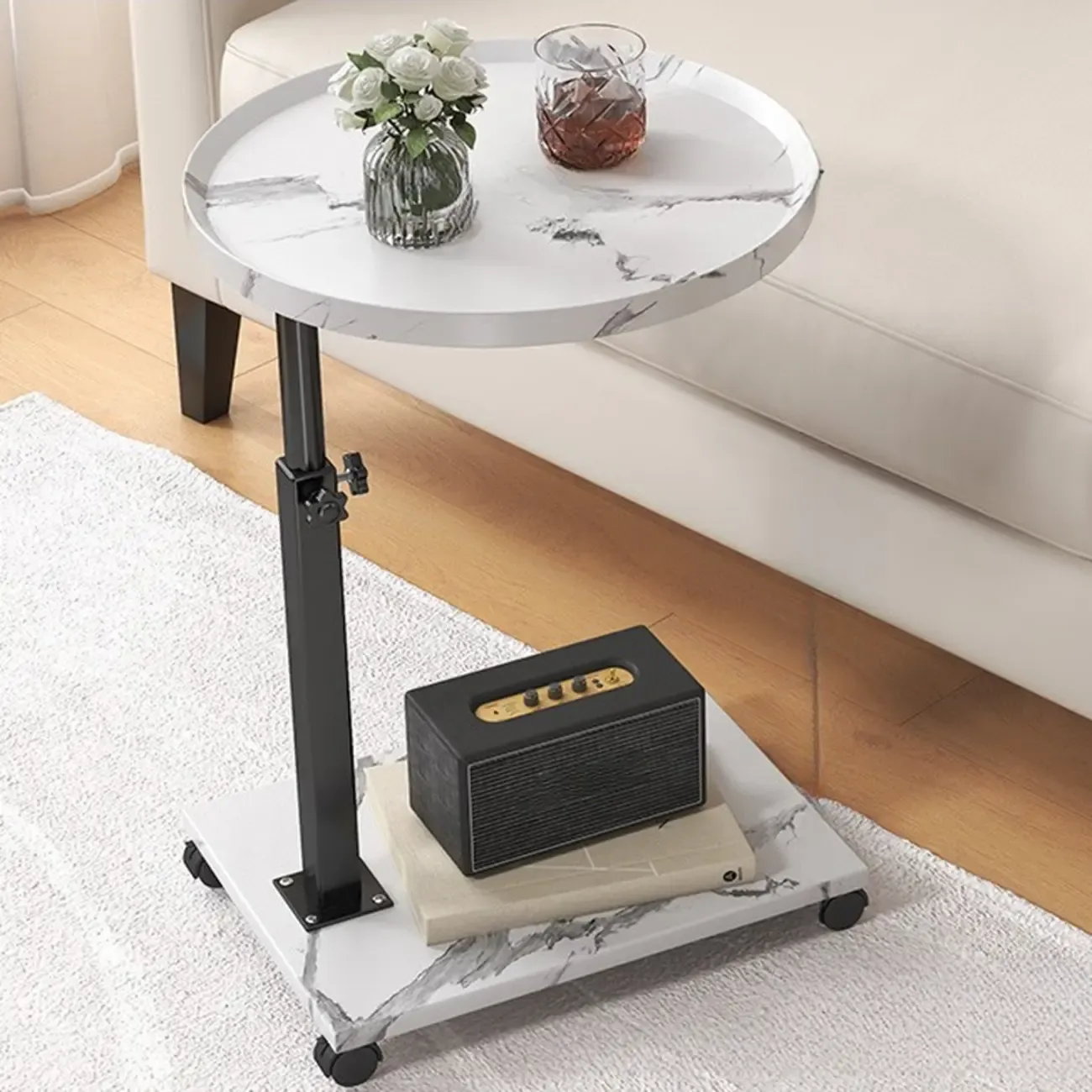 Adjustable Round Wood C-Shaped Wheel Side Table