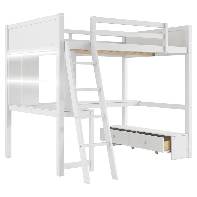 Full Size Loft Bed with L-shaped Multi-storage Desk, LED light & USB Charging Station, Wooden Loft Bed Storage Bench w/2 Drawers