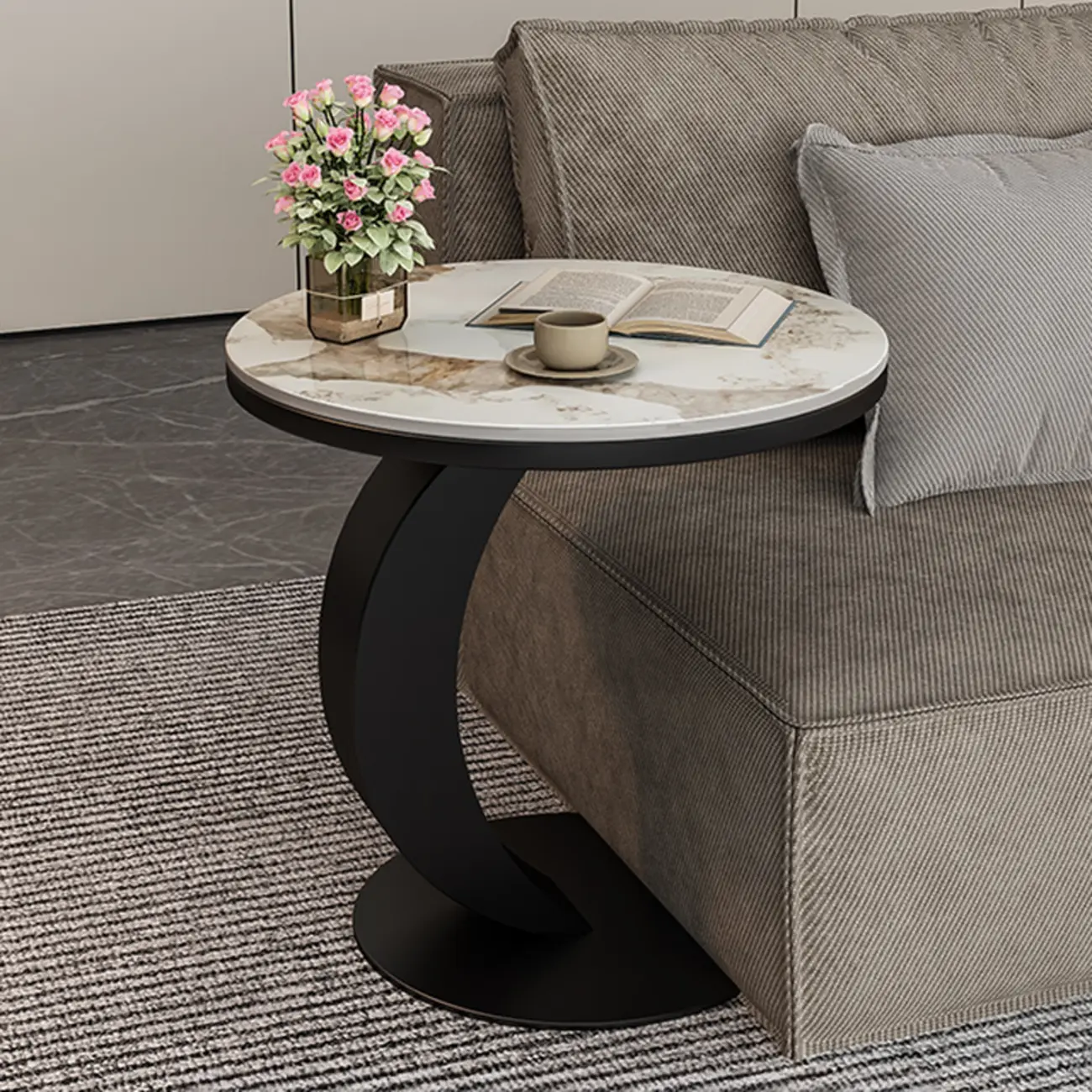 Modern C-Shaped Round Marble Side Table for Living Room