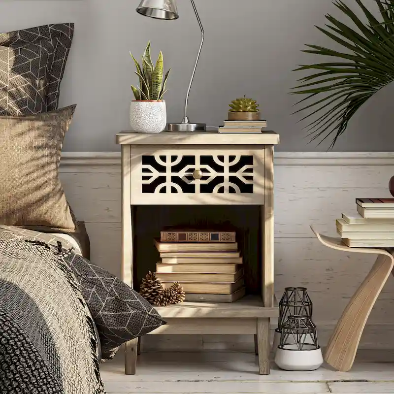 COZAYH Retro Rustic Nightstand Solid Fir End Table Side Table with Hand Carved Front and Open Shelf for Boho, Farmhouse