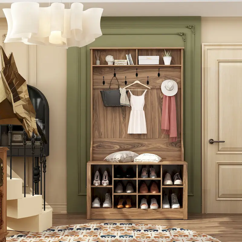 Coat Rack and Storage Bench Hall Tree with Shoe Rack for Entryway