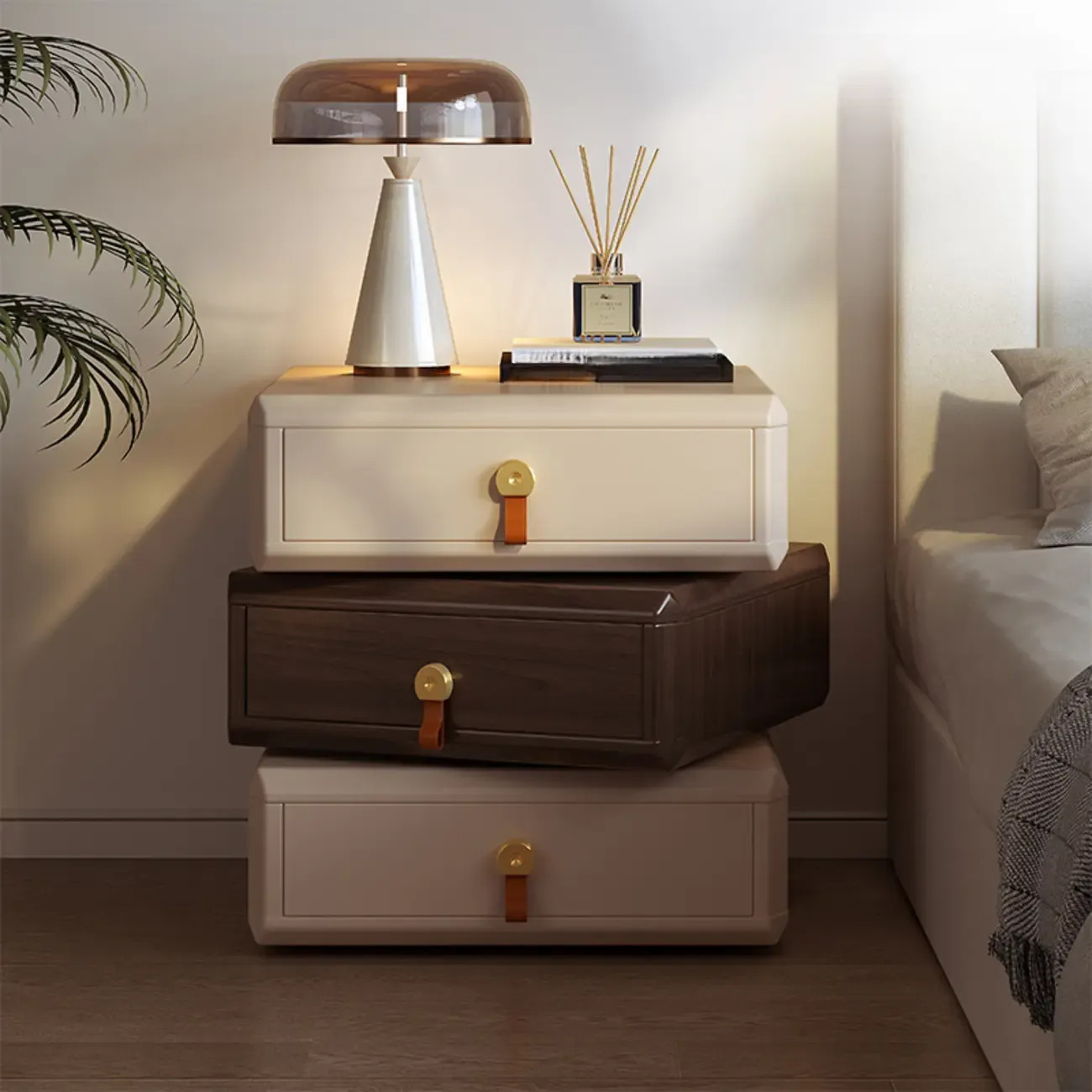 Creative Modern Swivel Beige Wooden 3 Drawers Nightstand