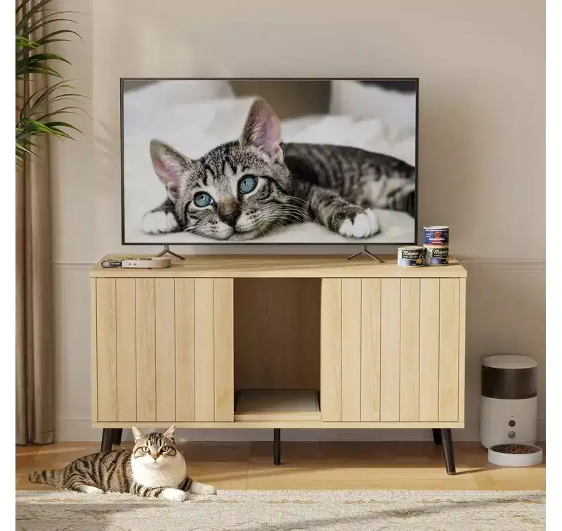 Black Grained / Natural Oak 2-Door Hidden Cat Litter Box Enclosure for 2 Cats, TV Stand for TVs up to 55