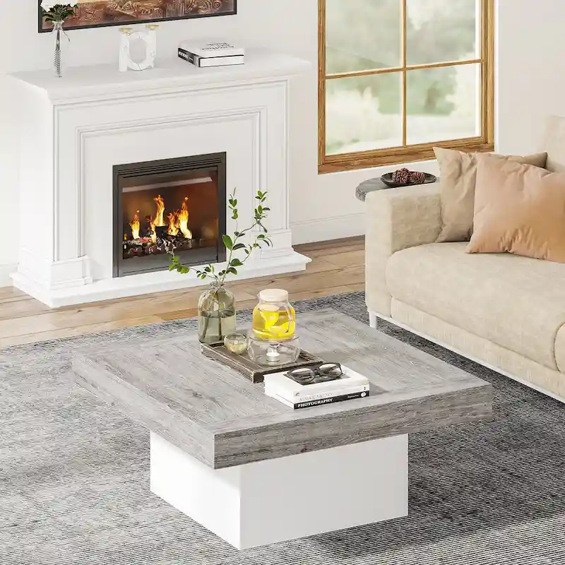 Farmhouse Coffee Table Square LED Coffee Table Engineered Wood Coffee Table