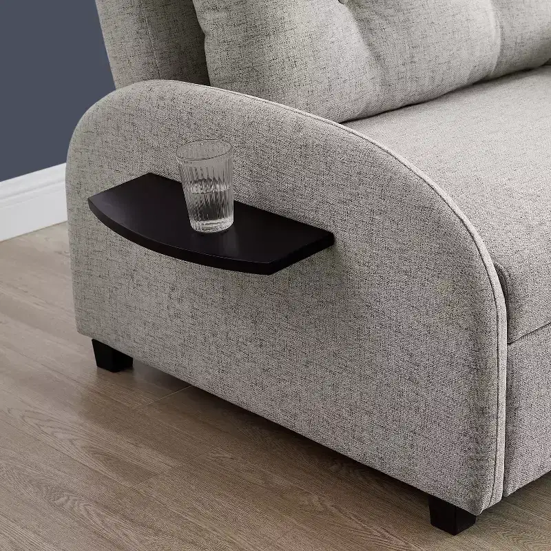 Twin Woven Polyester Fabric Black Wood Frame and Tray Table Convertible Bed Gray: Multifunctional Design, Easy Mobility