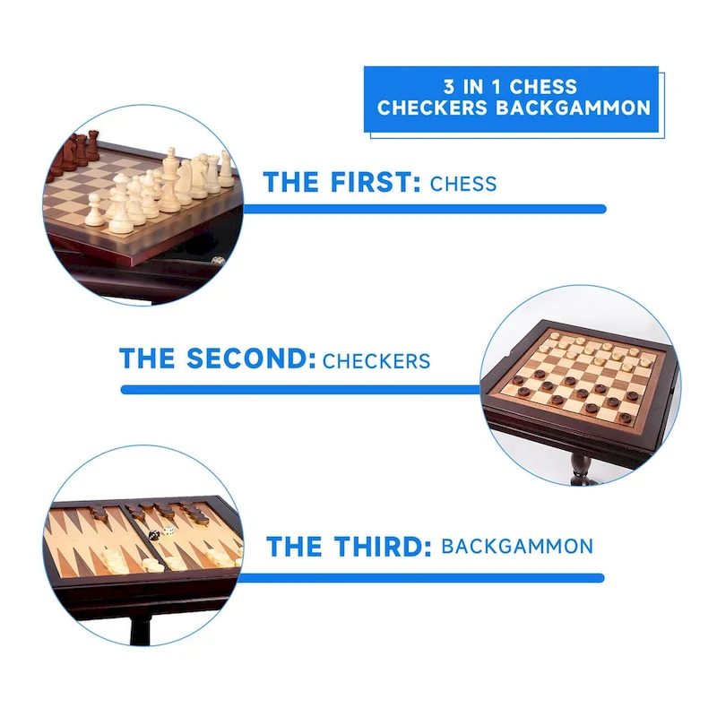 GSE Wooden 3-in-1 Chess Checkers Backgammon Table, Backgammon Chess Checkers Combo Game Set