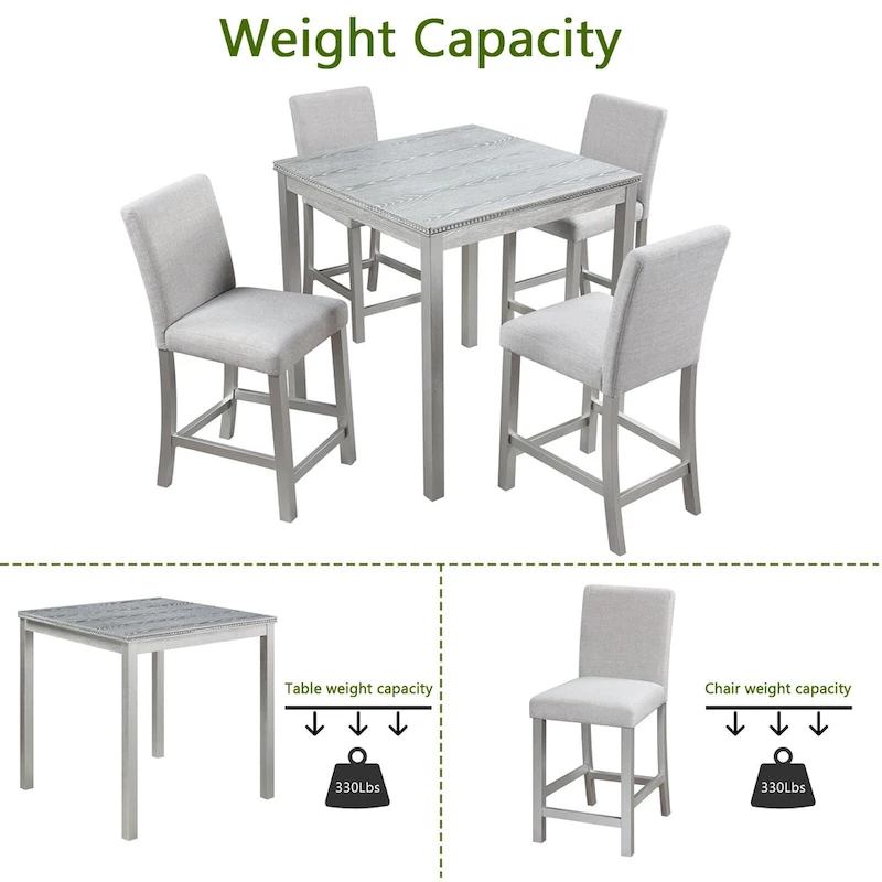 5 Pcs Counter Height Dining Table Set, Wooden Diningroom Furniture Set with Square Table and 4 Upholstered Chairs