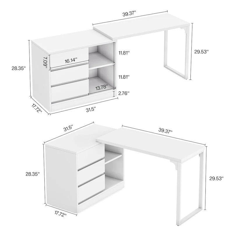 Versatile L-shaped White Computer Desk with Drawers and Shelves