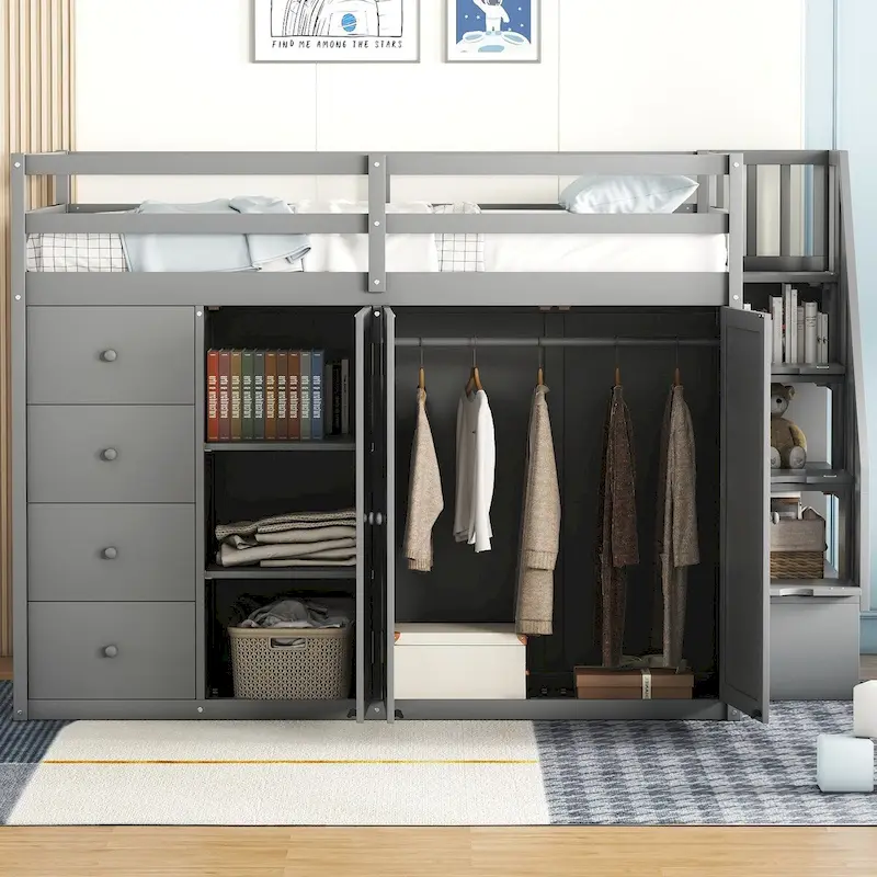 Full Size Loft Bed, Wood Loft Bed Frame with Built-in Wardrobes, Cabinets and Drawers