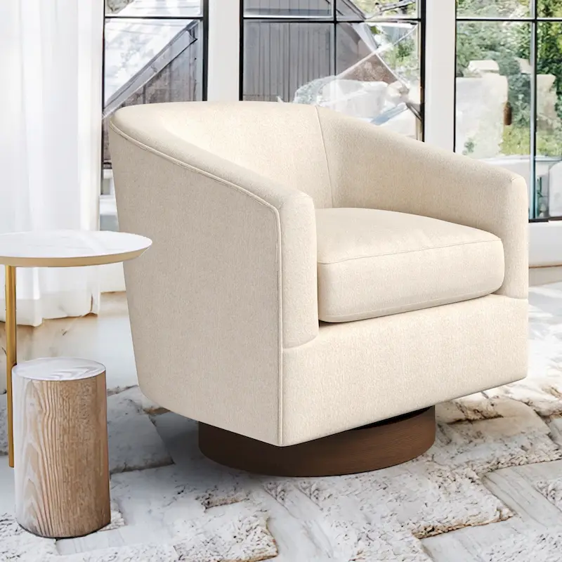 LUE BONA Modern Living Room Armchair Upholstered Wooden Barrel Swivel Accent Chair