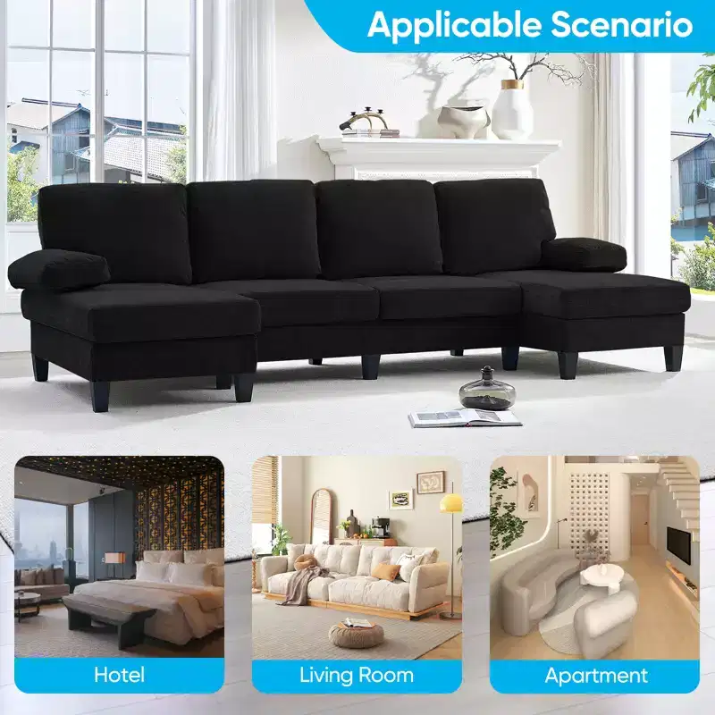 Mjkone 110U-Shaped Sectional Couches,Chenille Upholstered Large 4-Seater Sofa with Double Chaises and Sleepable Armrests